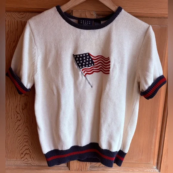 American Flag Short Sleeve Sweater | VTG | Heritage Knit | Size Large - Picture 2 of 7